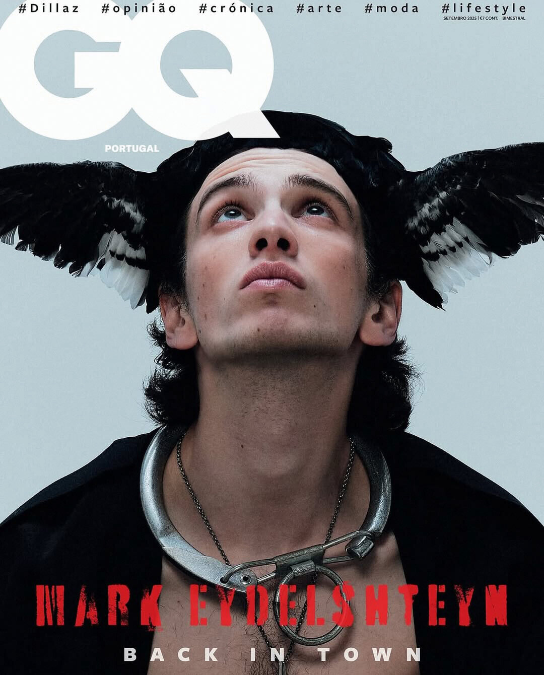 Марк Эйдельштейн в крылатом чепчике на обложке португальского GQ. Фото: Абдулл Артуев